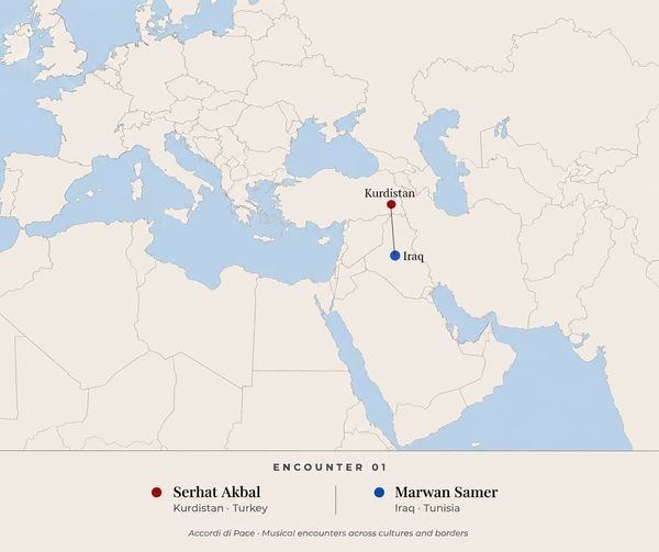 Schematic locator map showing Turkey, Syria and Iraq, with Serhat Akbal associated with northern Turkey and Marwan Samer with Iraqi heritage