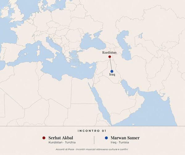 Mappa schematica che mostra Turchia, Siria e Iraq, con Serhat Akbal associato alla Turchia settentrionale e Marwan Samer all'eredità irachena