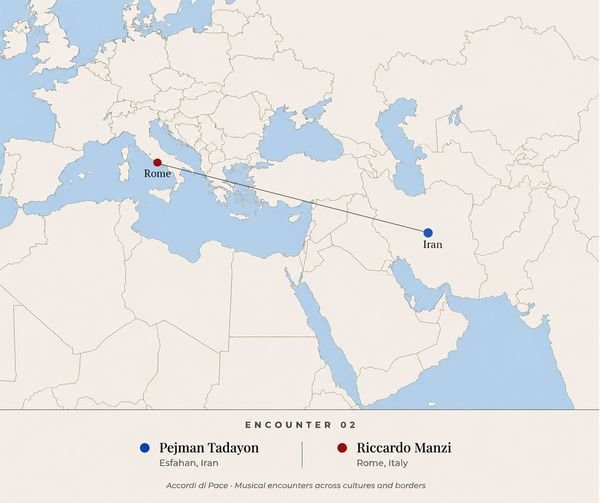 Locator map showing Esfahan in Iran and Rome, tracing the geographic origins of Encounter 02