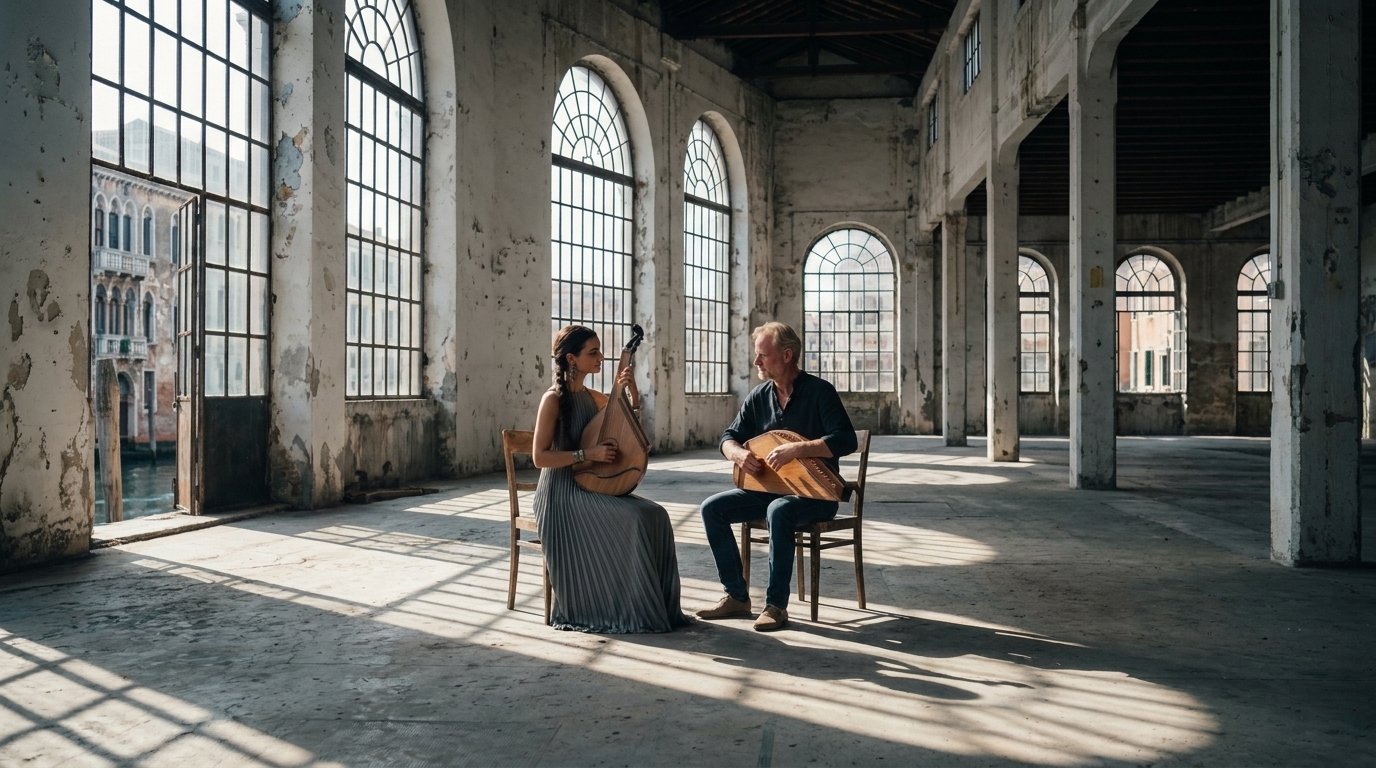 A Ukrainian and Russian musician share a space — Kobza and Gusli, a bare hall, natural light