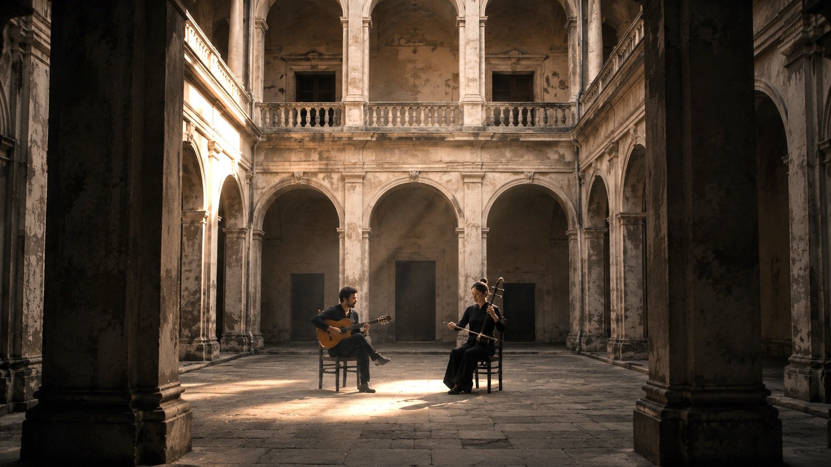 Two musicians in conversation within a historic Roman courtyard with classical arches and columns