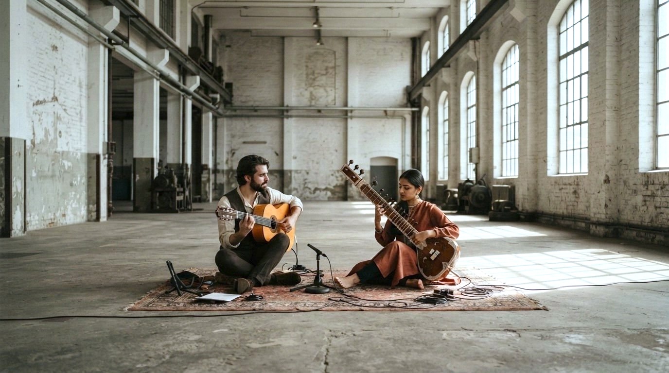 Two musicians in a monumental Italian cloister