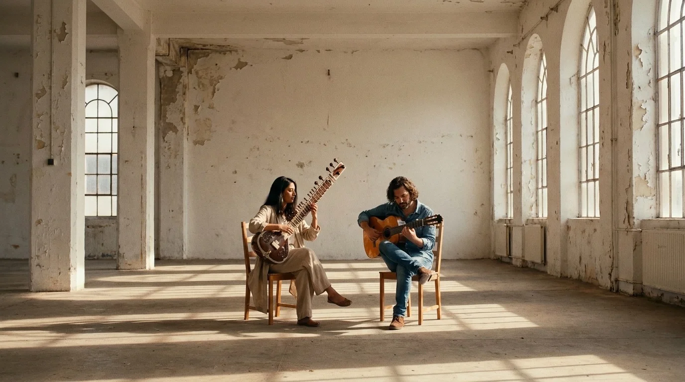 Two musicians in a monumental hall with arched windows — the kind of space an Accordi di Pace encounter might inhabit
