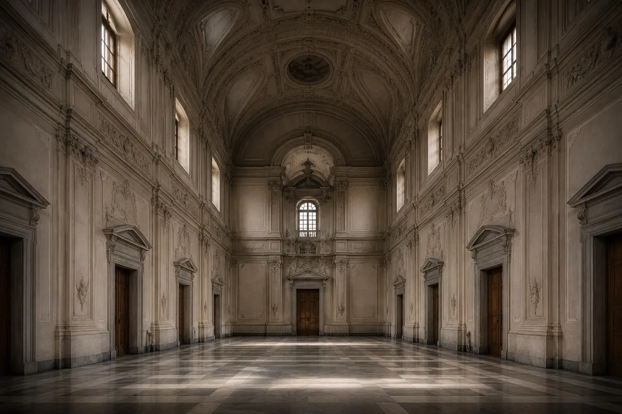 A grand empty hall — the kind of European institutional space where Accordi di Pace might develop its next encounters
